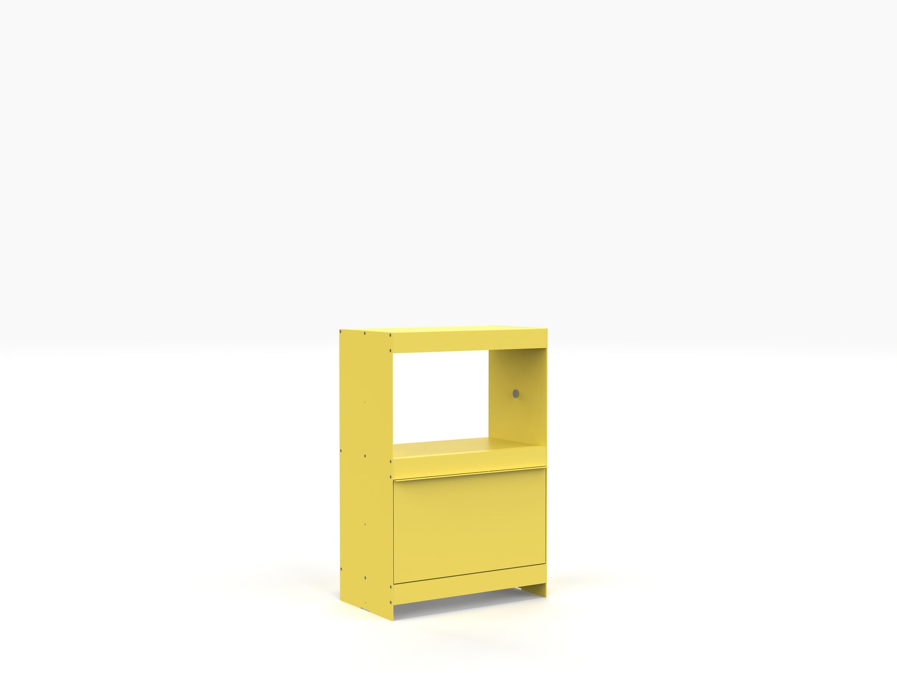 small modern turntable stand and vinyl record unit in yellow