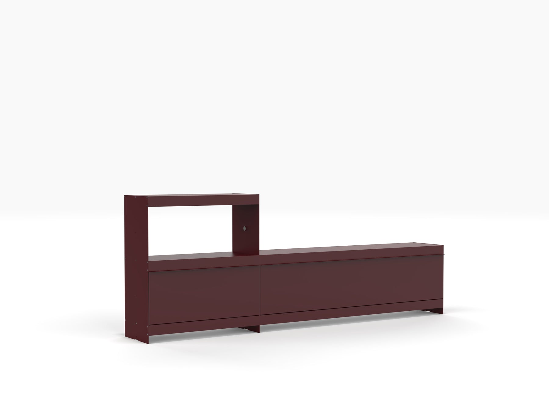 large modern record player stand and vinyl storage in deep red