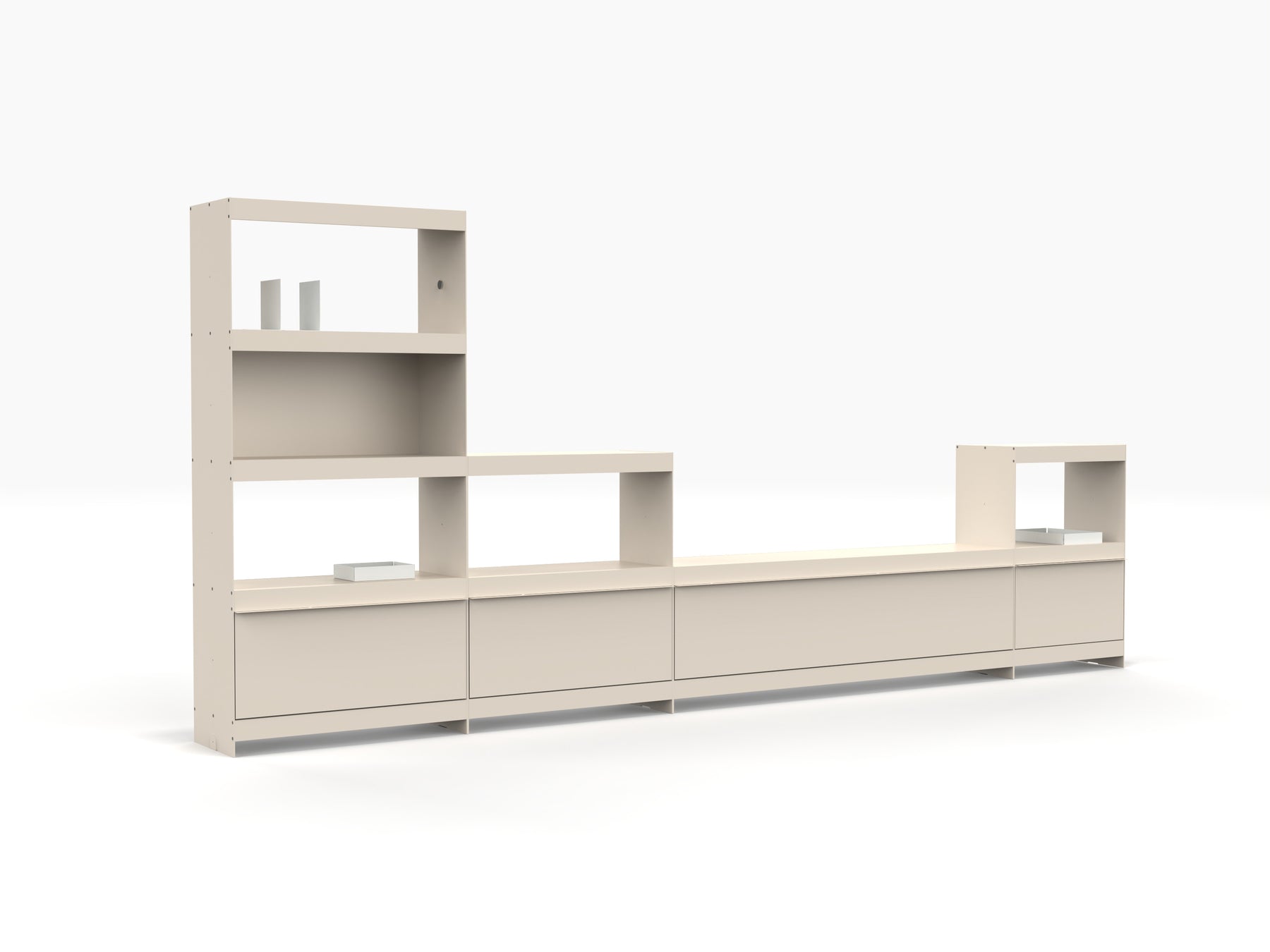 architectural book shelving system with TV unit in ivory colour