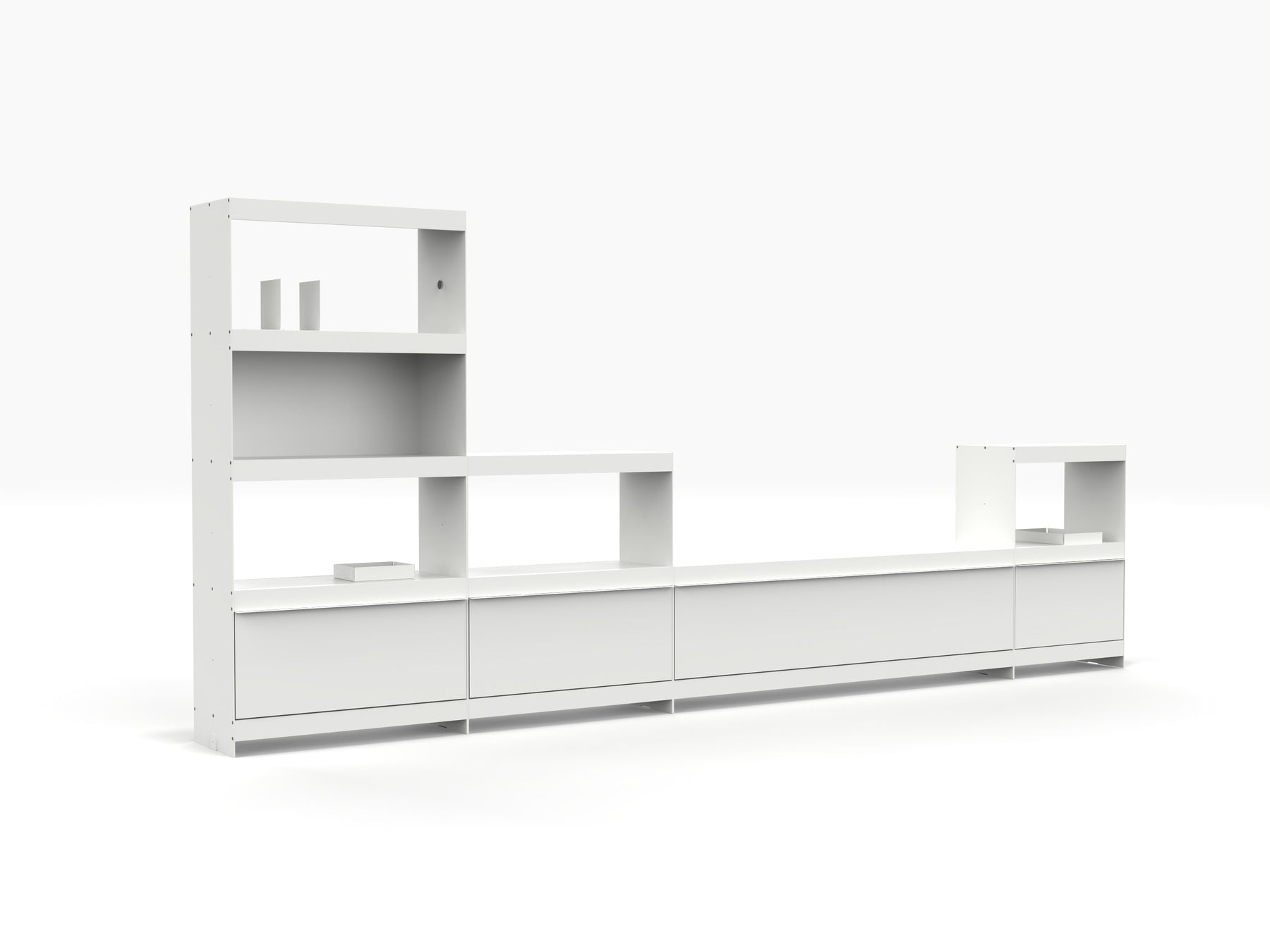 modular audio storage wall with TV stand in white