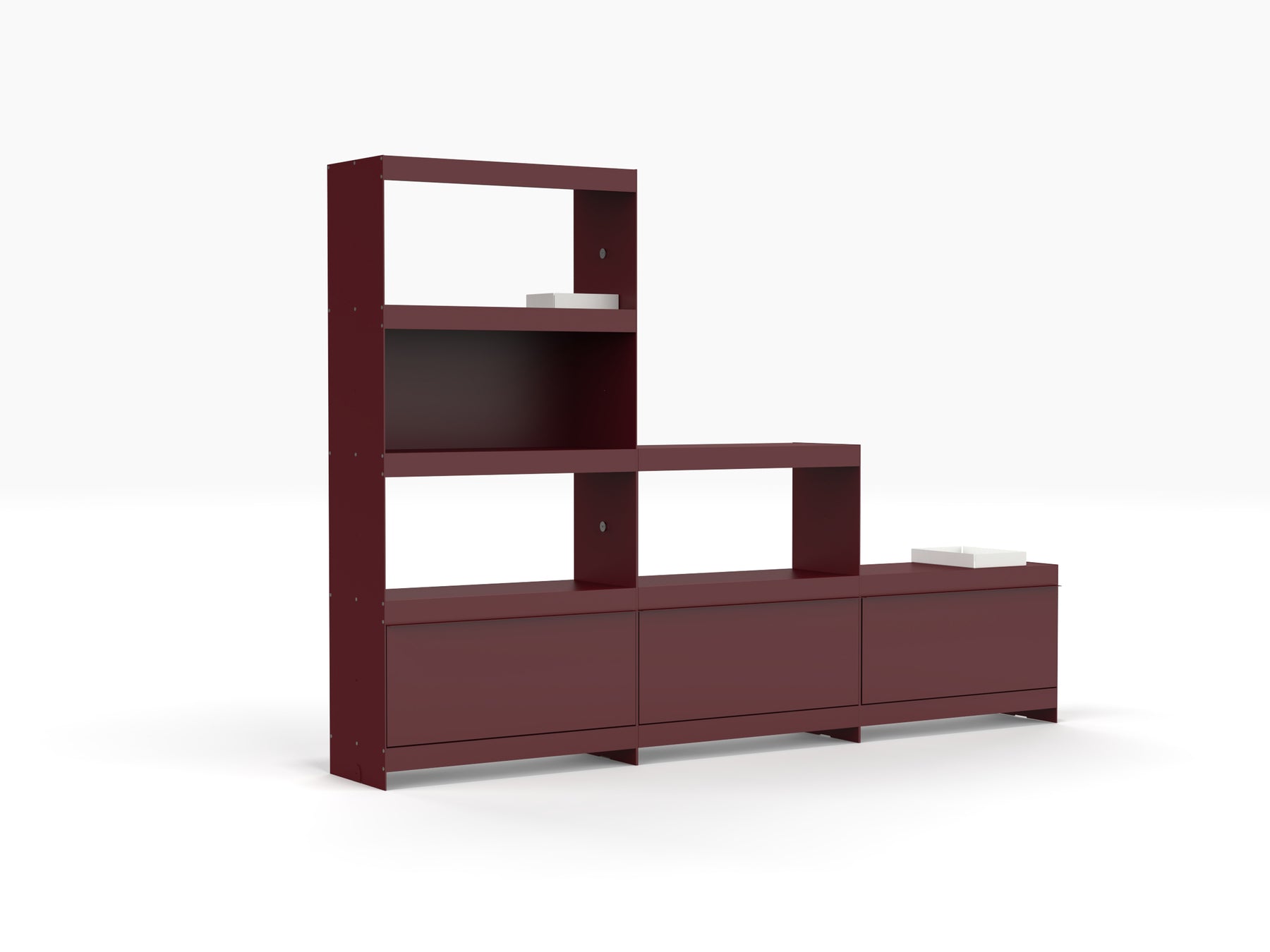 modular bookcase system in deep red