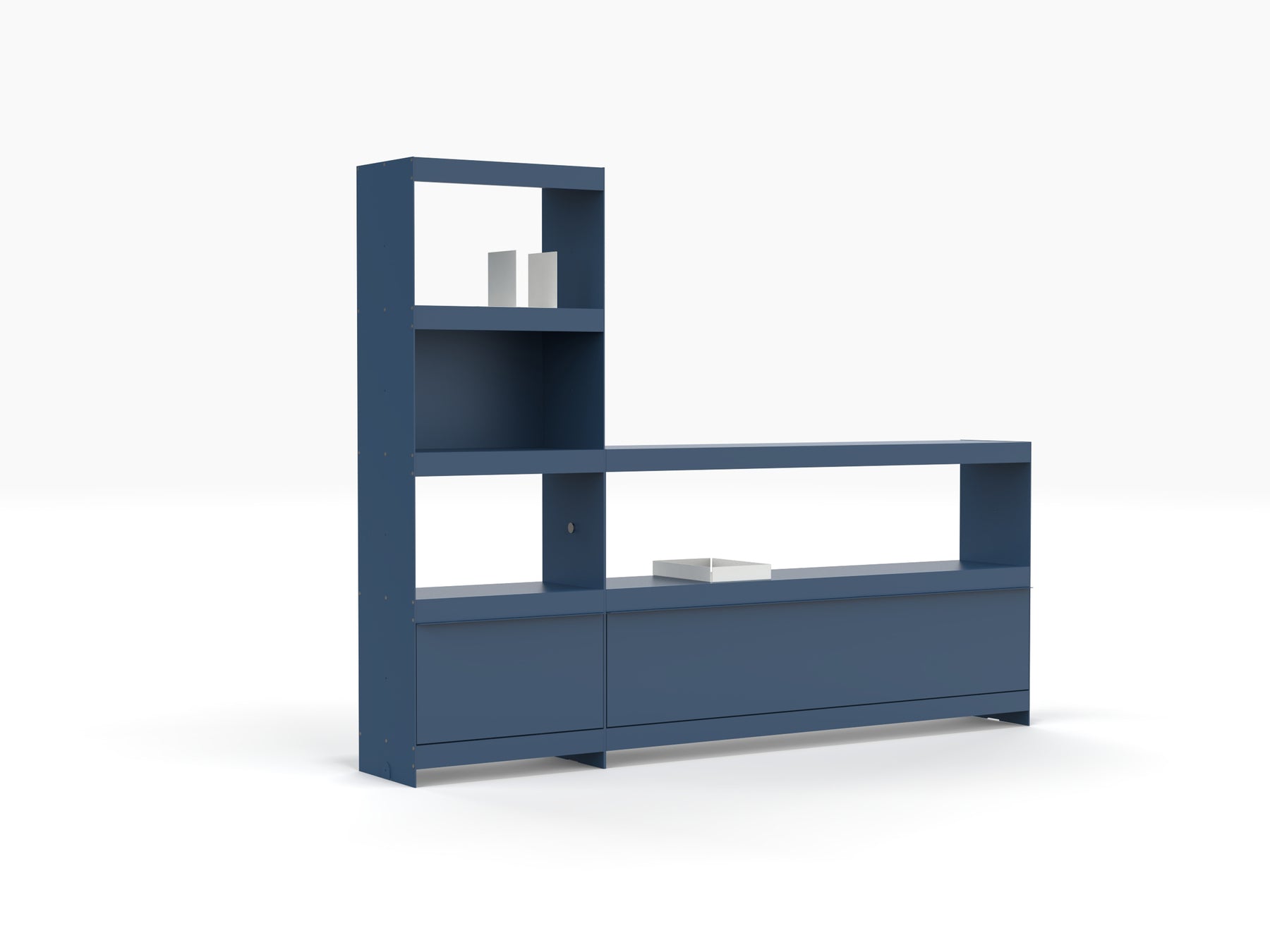 modern modular aluminium bookcase and media storage unit in blue