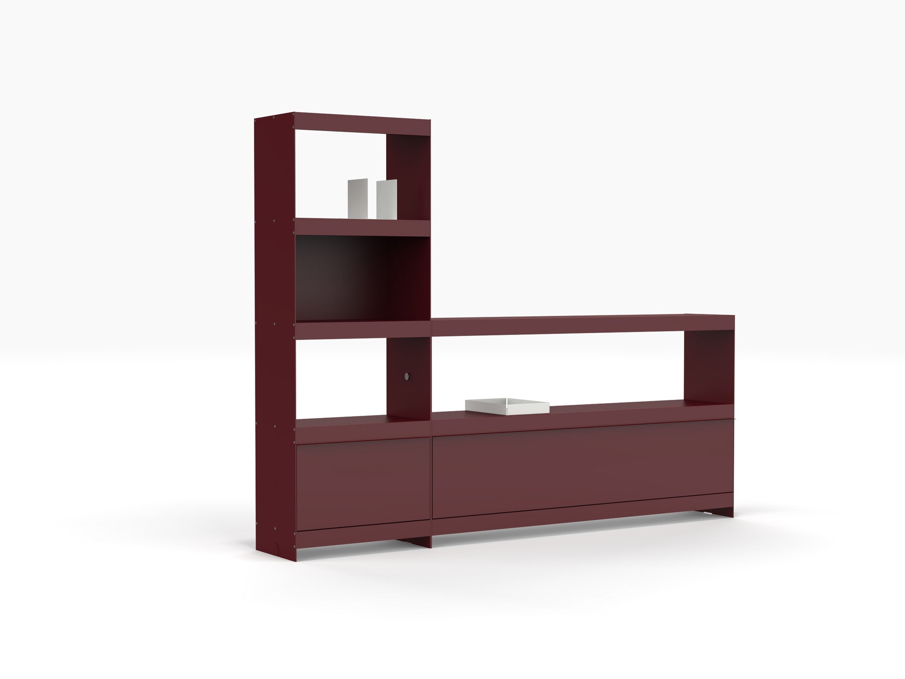 living room modern record player stand, bookcase and vinyl storage unit in deep red