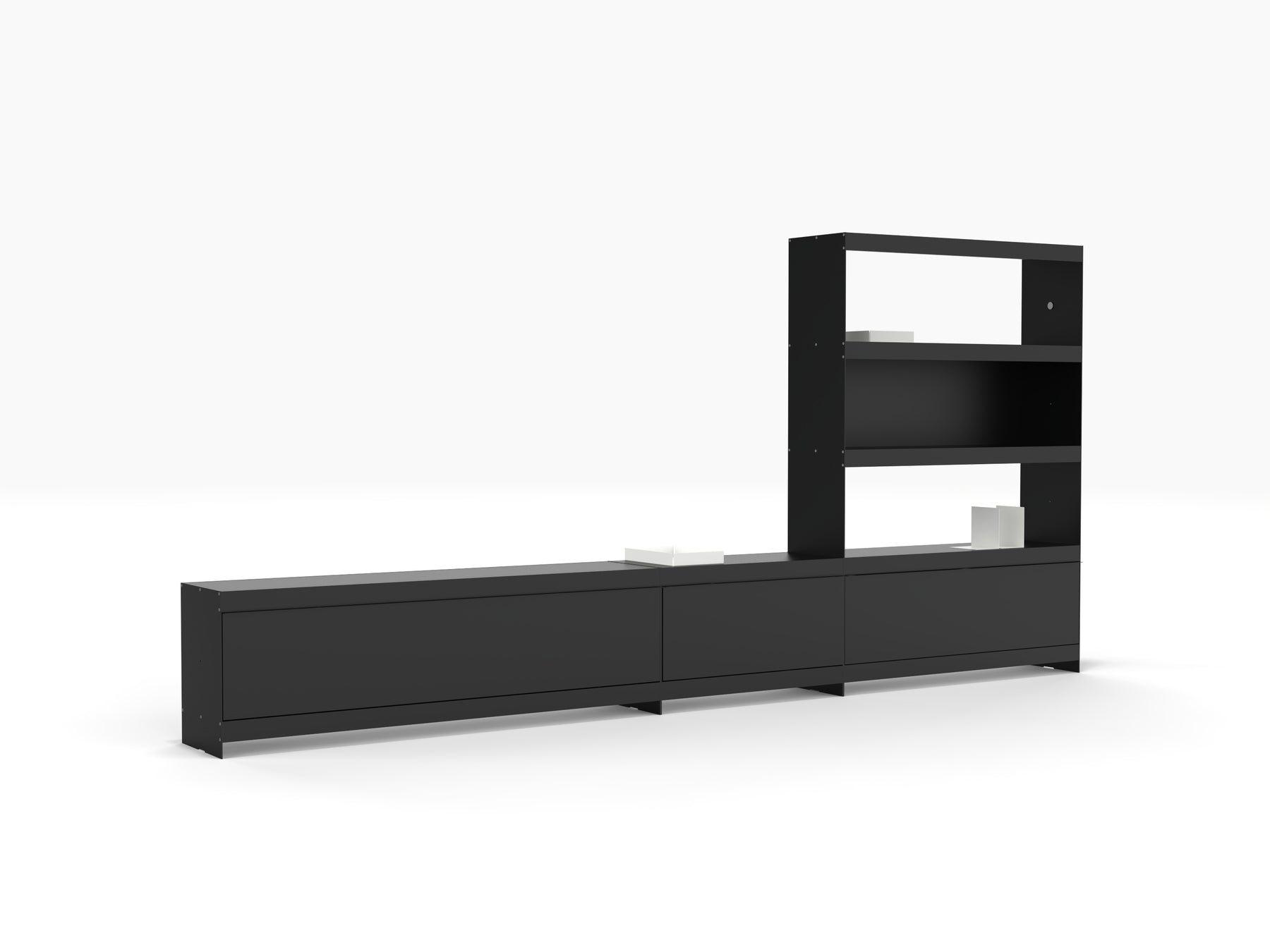 extra long TV stand with modular book storage in black by ON&ON