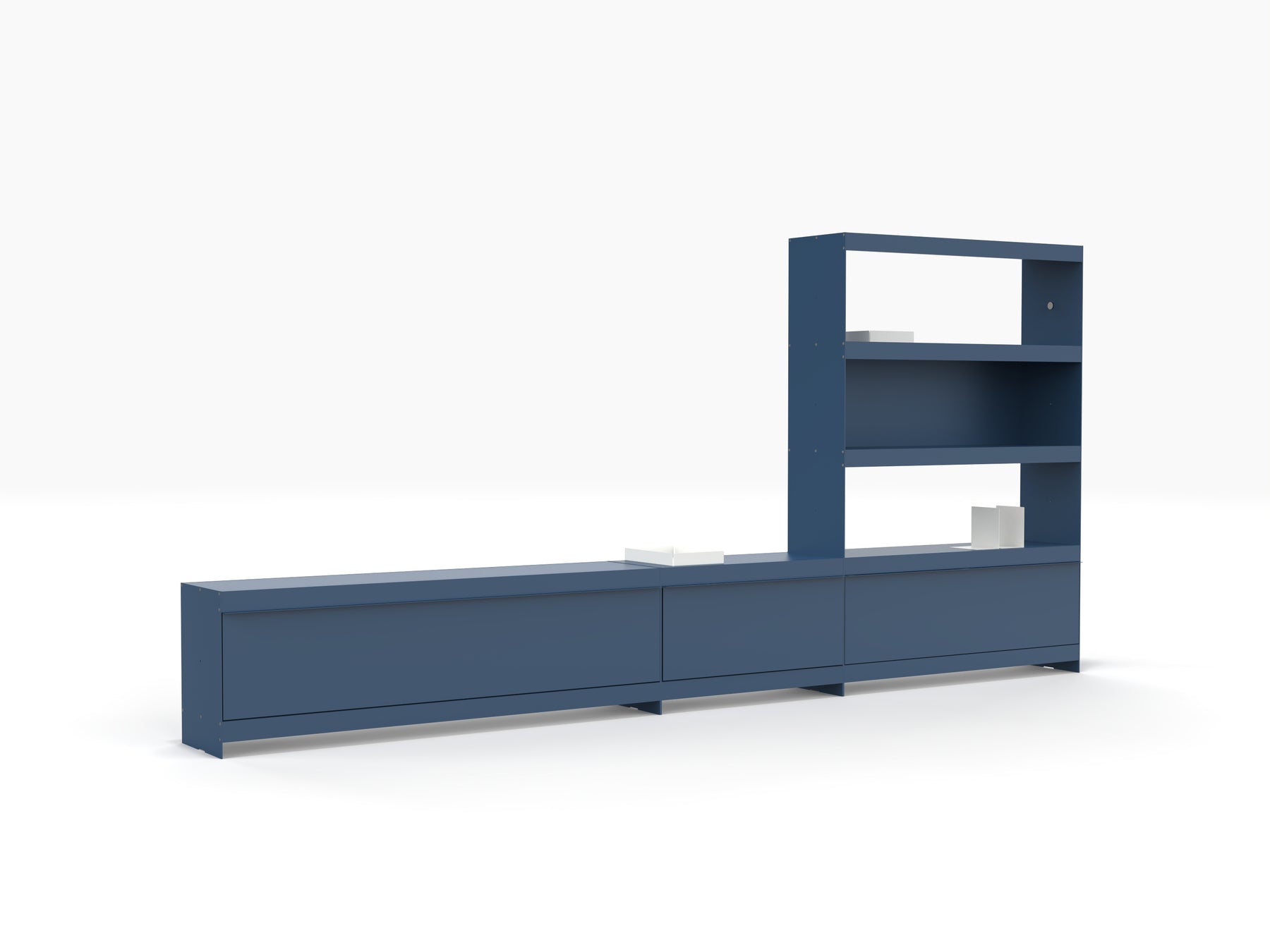 large blue TV stand with modular book storage by ON&ON