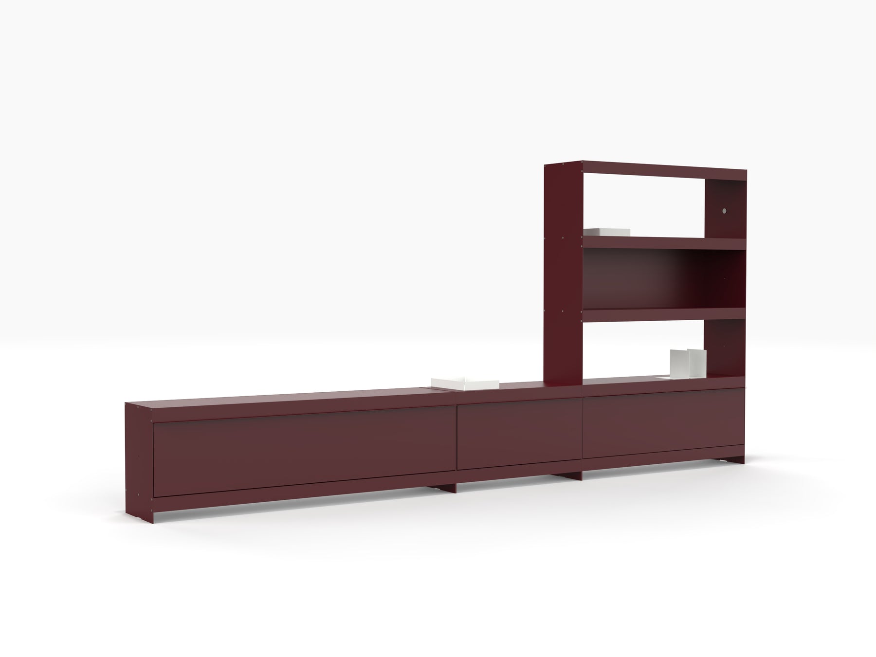 extra long low TV stand with modular book storage unit in deep red