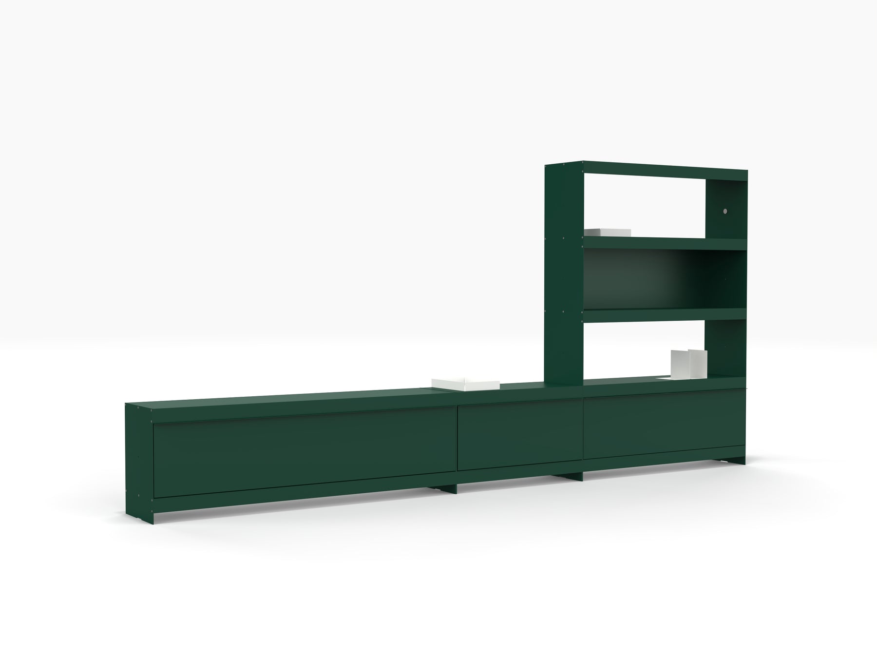 join shelving system extra long TV stand with modular bookcase in green