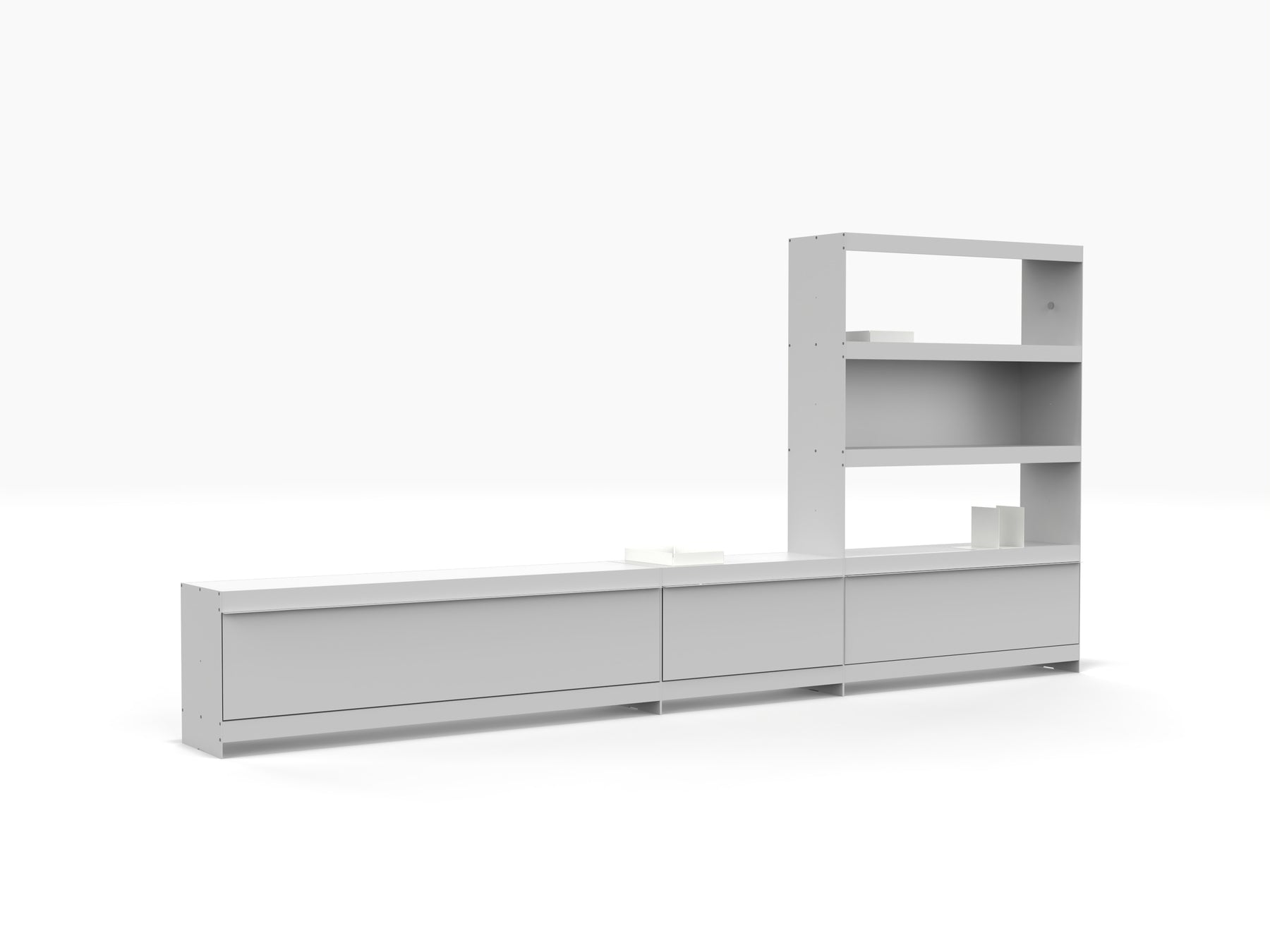 contemporary metal modular TV unit with tall bookcase