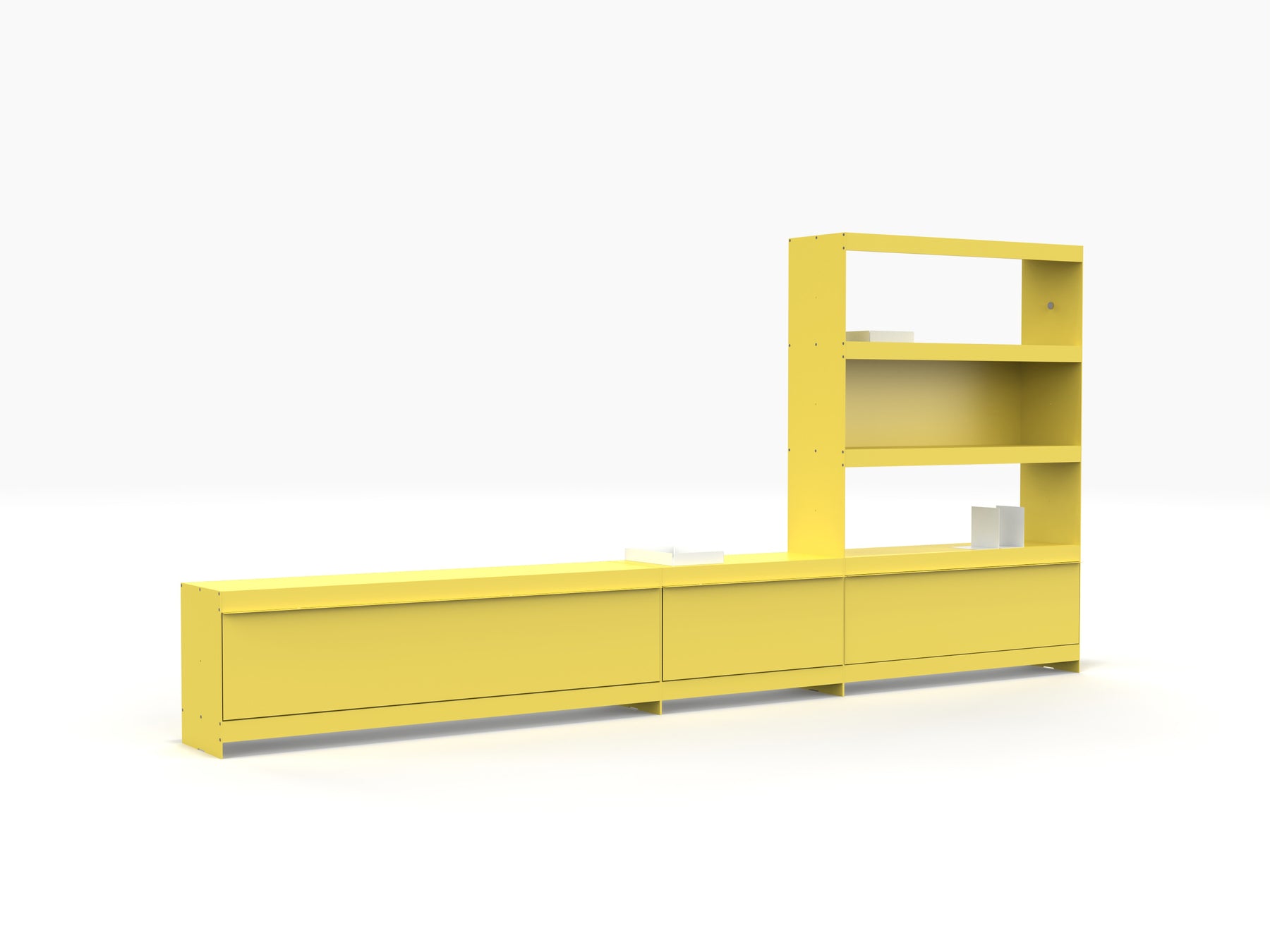 low TV cabinet with book storage in yellow