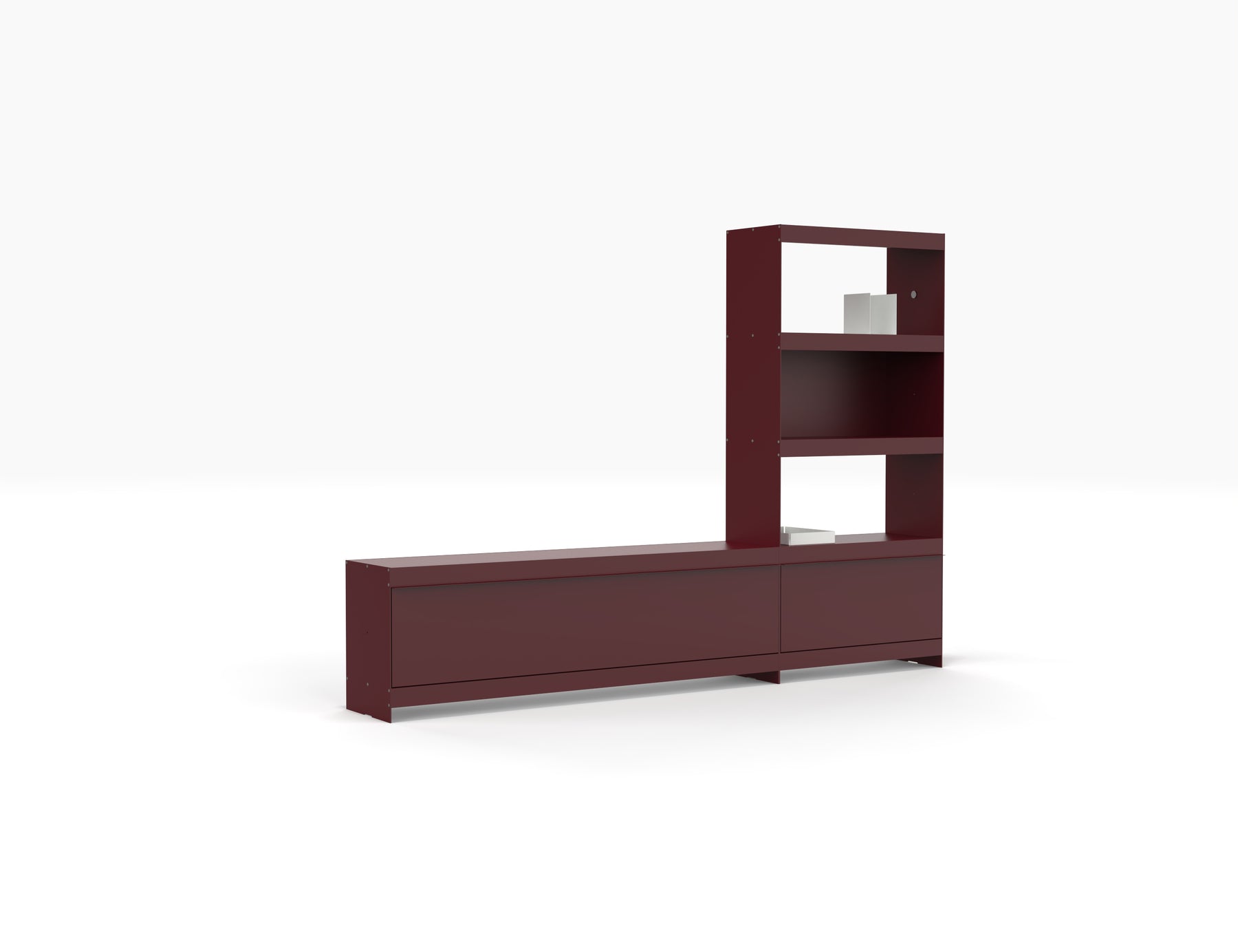 Modern TV wall system with book shelving unit in deep red