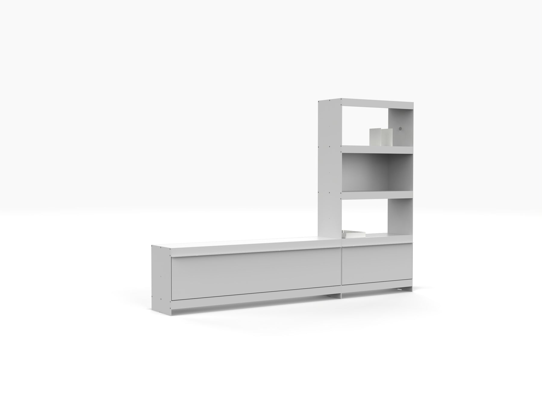 light grey contemporary low TV stand with book storage