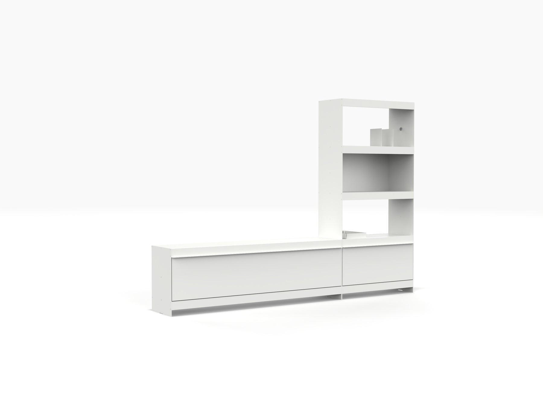 low architectural TV unit with bookcase and media storage in white by ON&ON