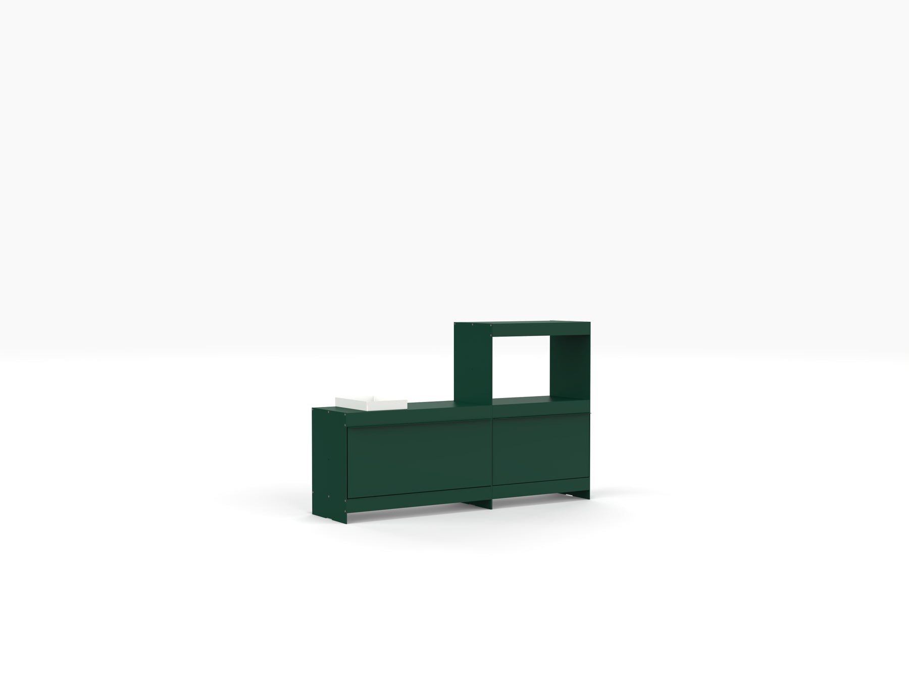 green aluminium record player unit with vinyl record storage