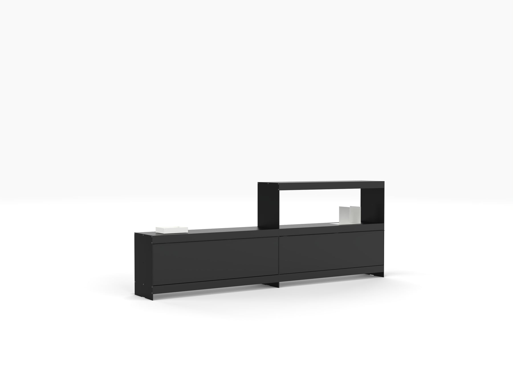 Long low TV cabinet with doors in black