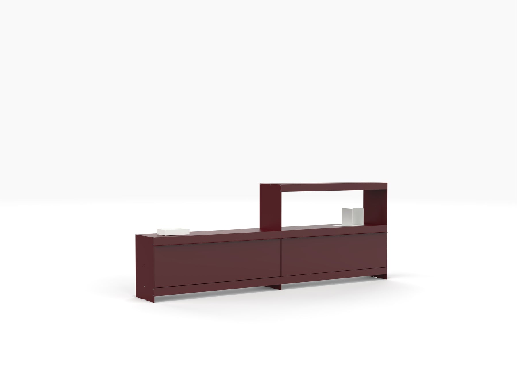 designer TV unit low level with record player stand in deep red