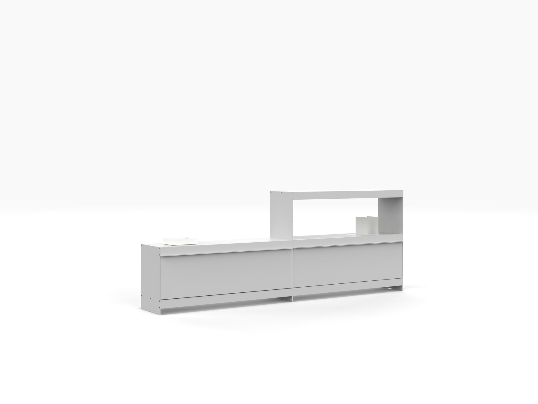 long low level tv stand and media storage unit in light grey