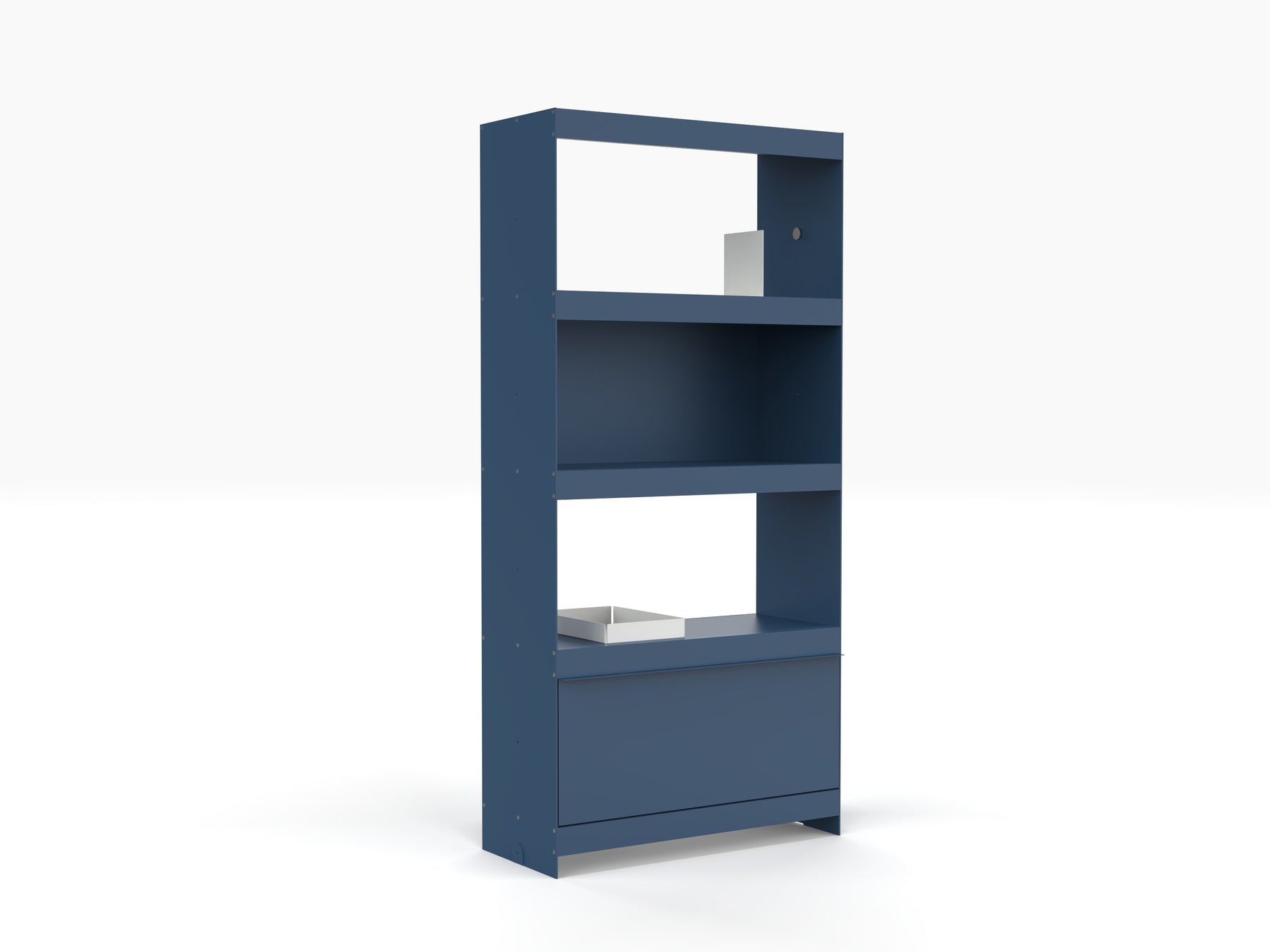 blue modular modern book shelving unit with doors