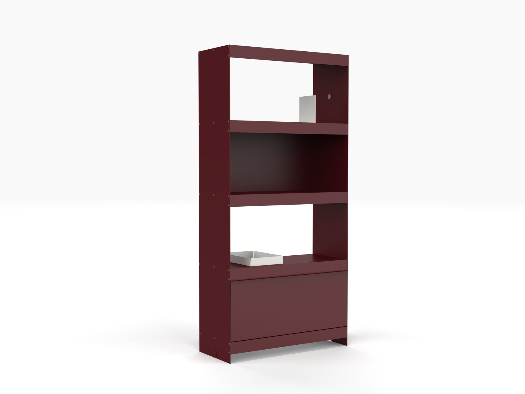 tall deep red modern bookcase made from aluminium