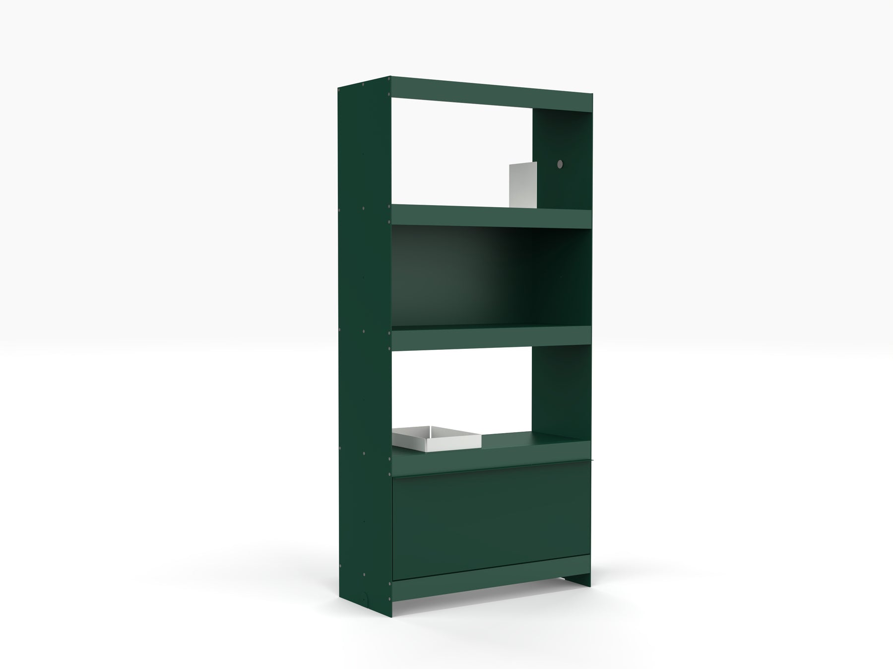 modular bookcase in green made from aluminium with doors