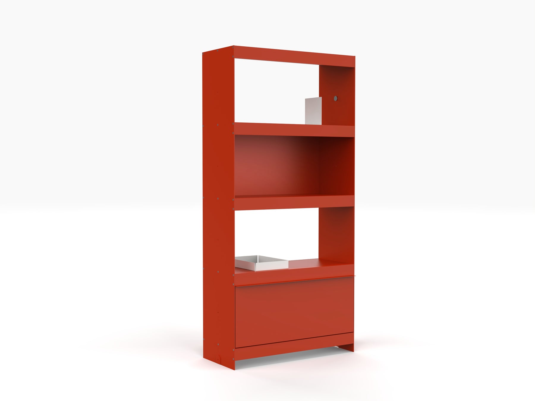 red contemporary modular bookcase unit made from aluminium