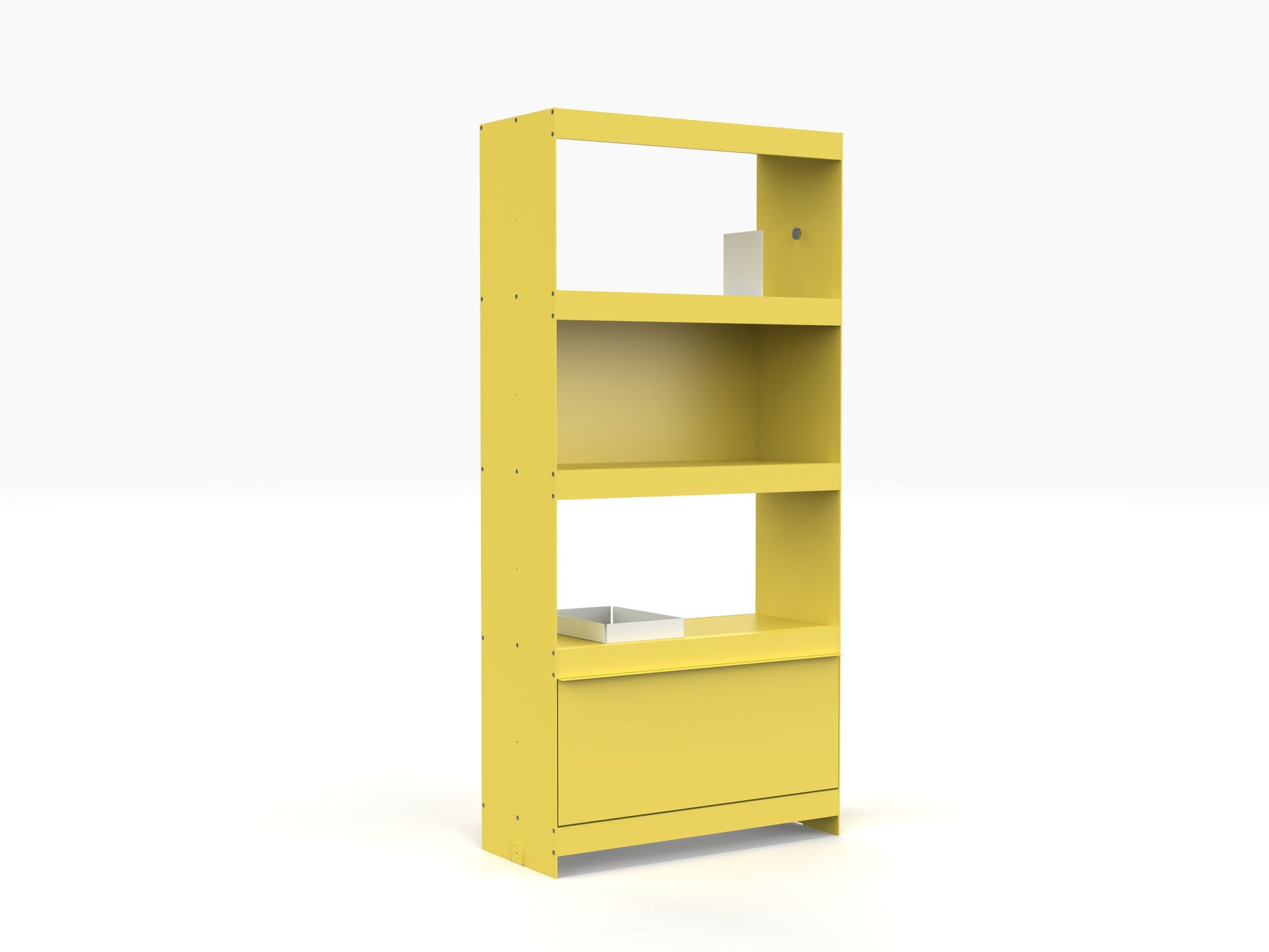 aluminium floor standing book shelving system in yellow