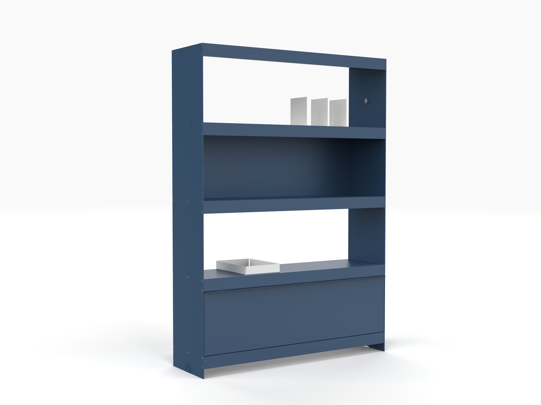 large blue modular bookcase unit made from aluminium 