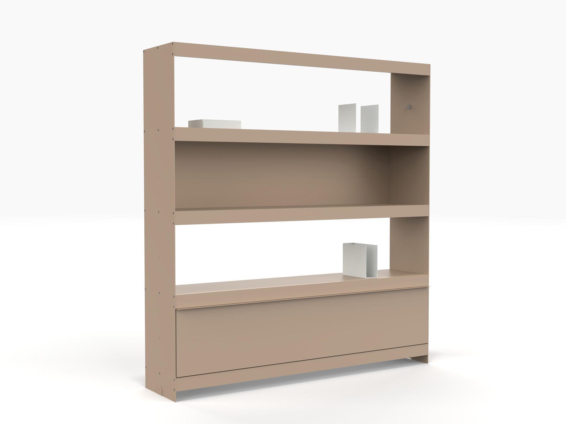 large modern book storage unit with doors in beige