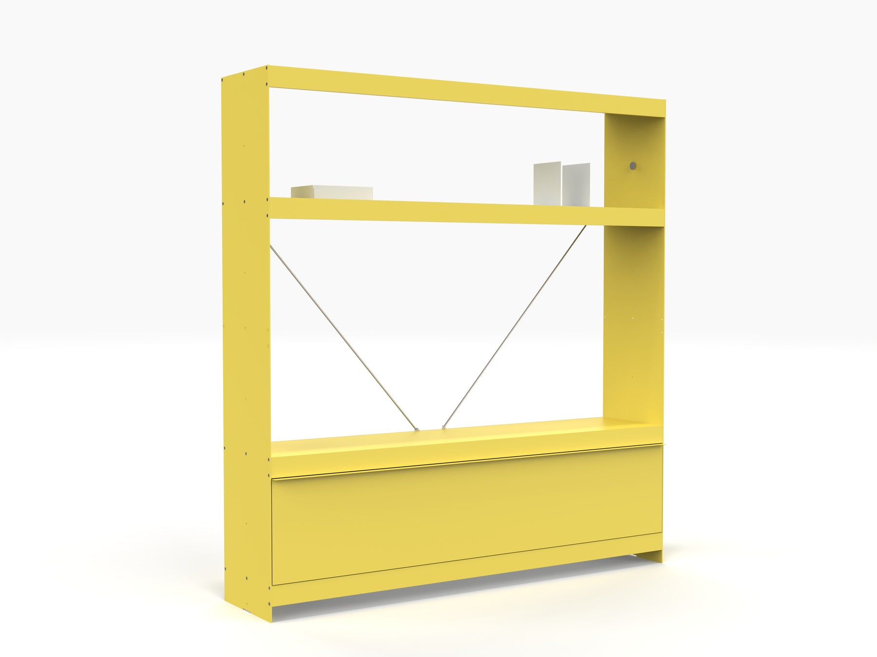 TV wall unit with shelves and cabinet door in yellow 