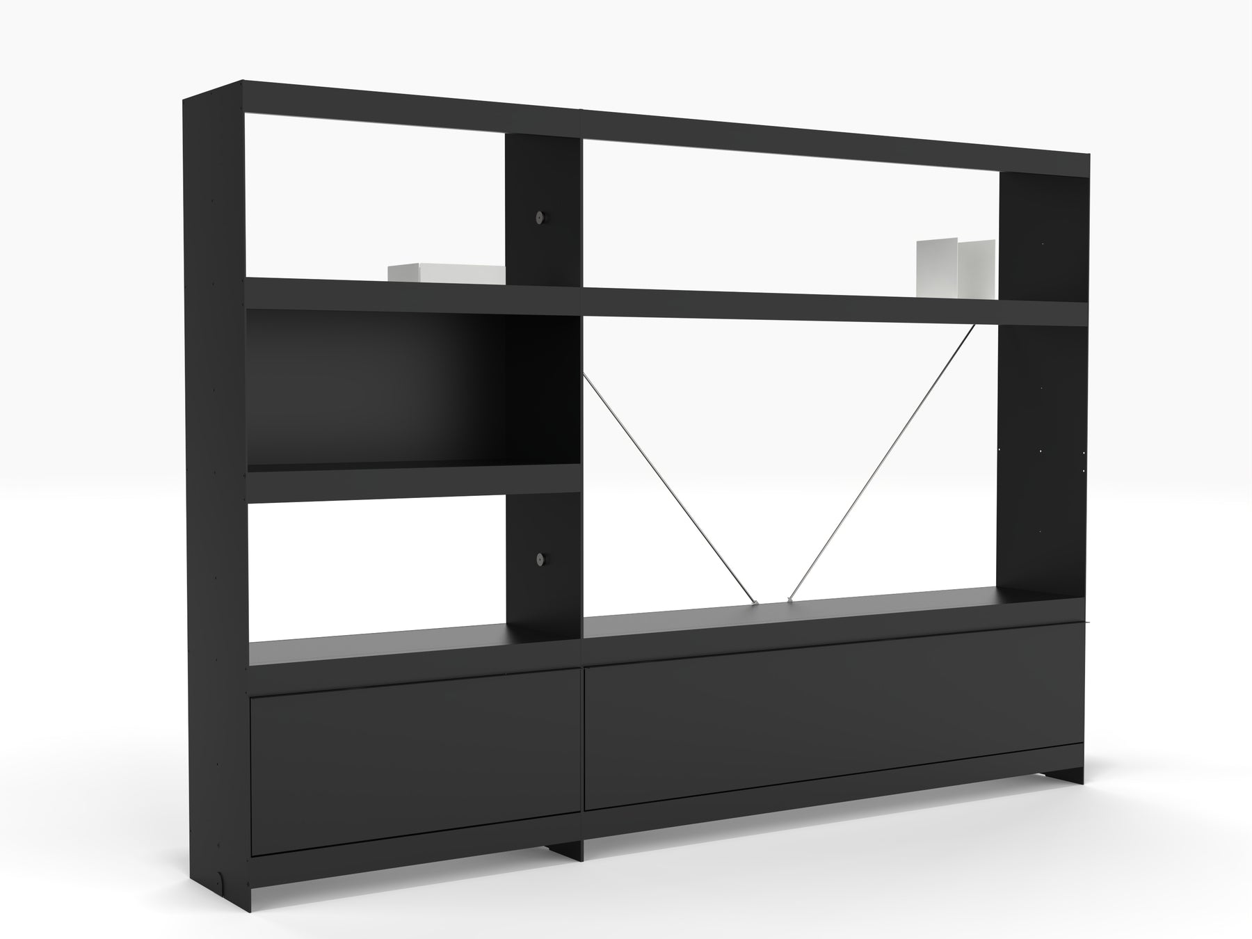 TV media wall unit with storage in black with shelves and doors