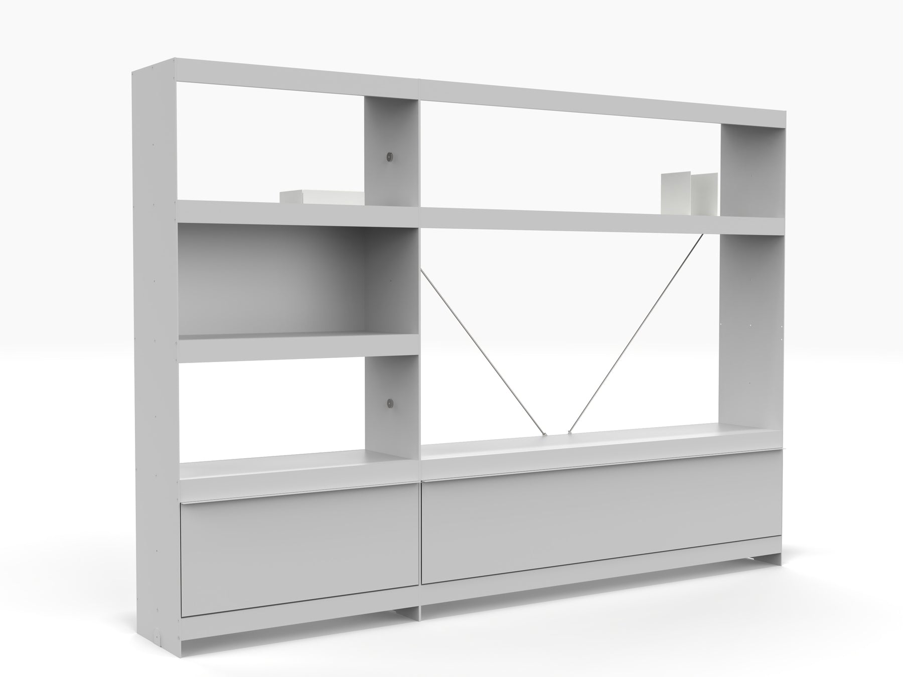 Modular TV wall system in grey with doors and book shelving