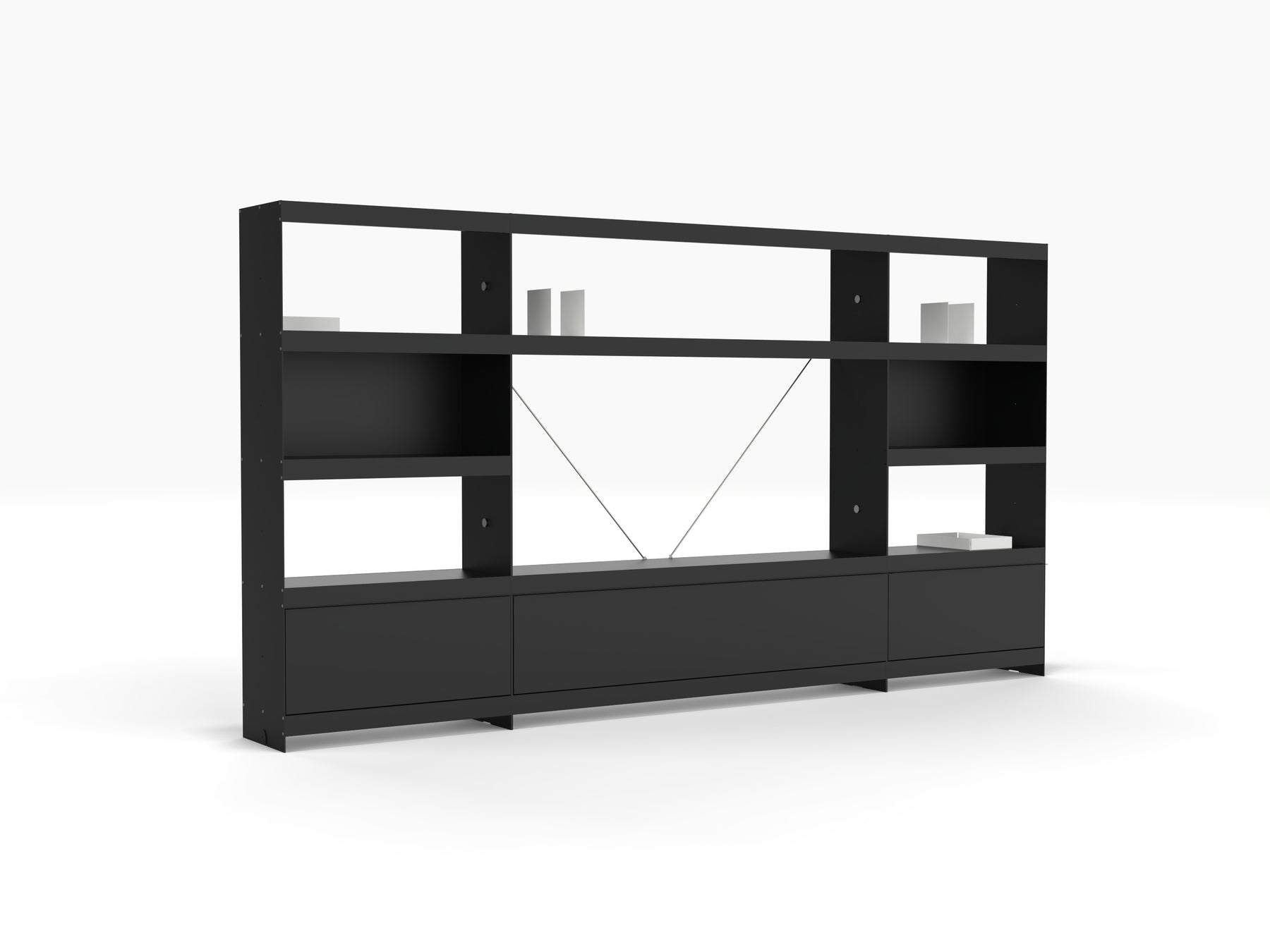 large modern media wall storage system in black