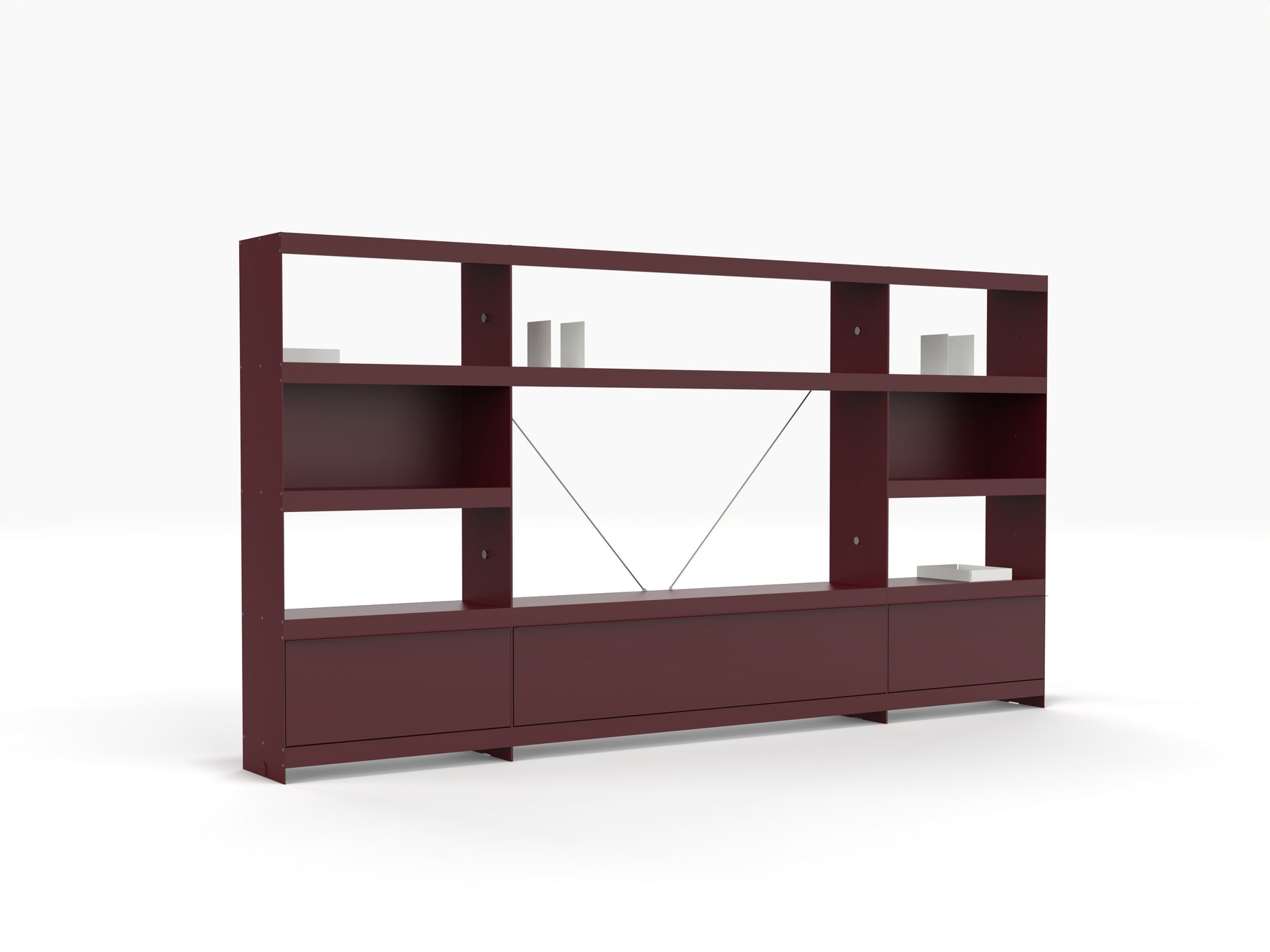 TV modular wall shelving system in deep red