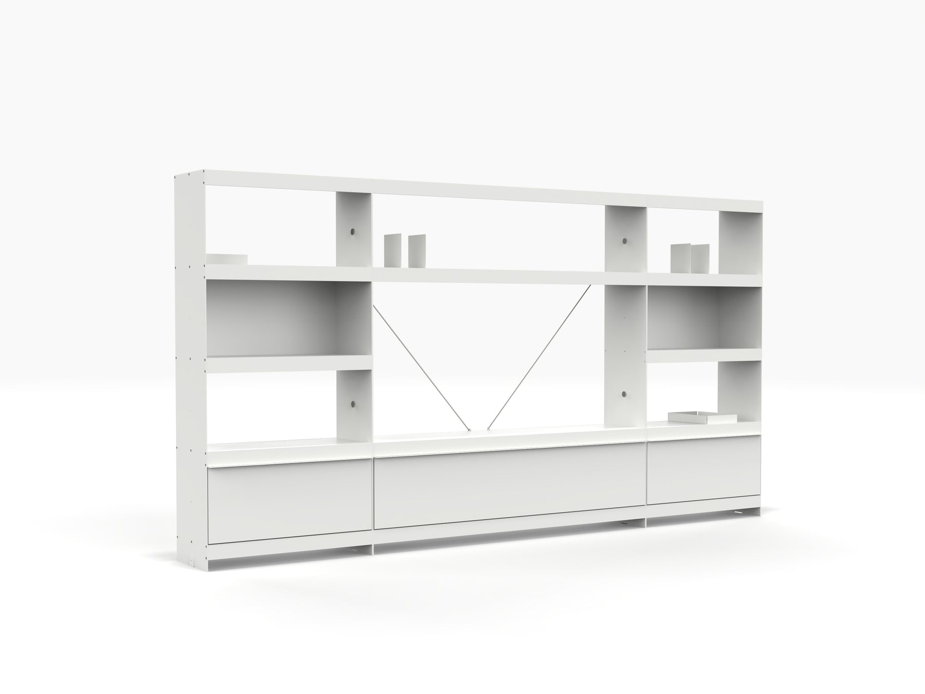 large modular tv wall shelving unit in white