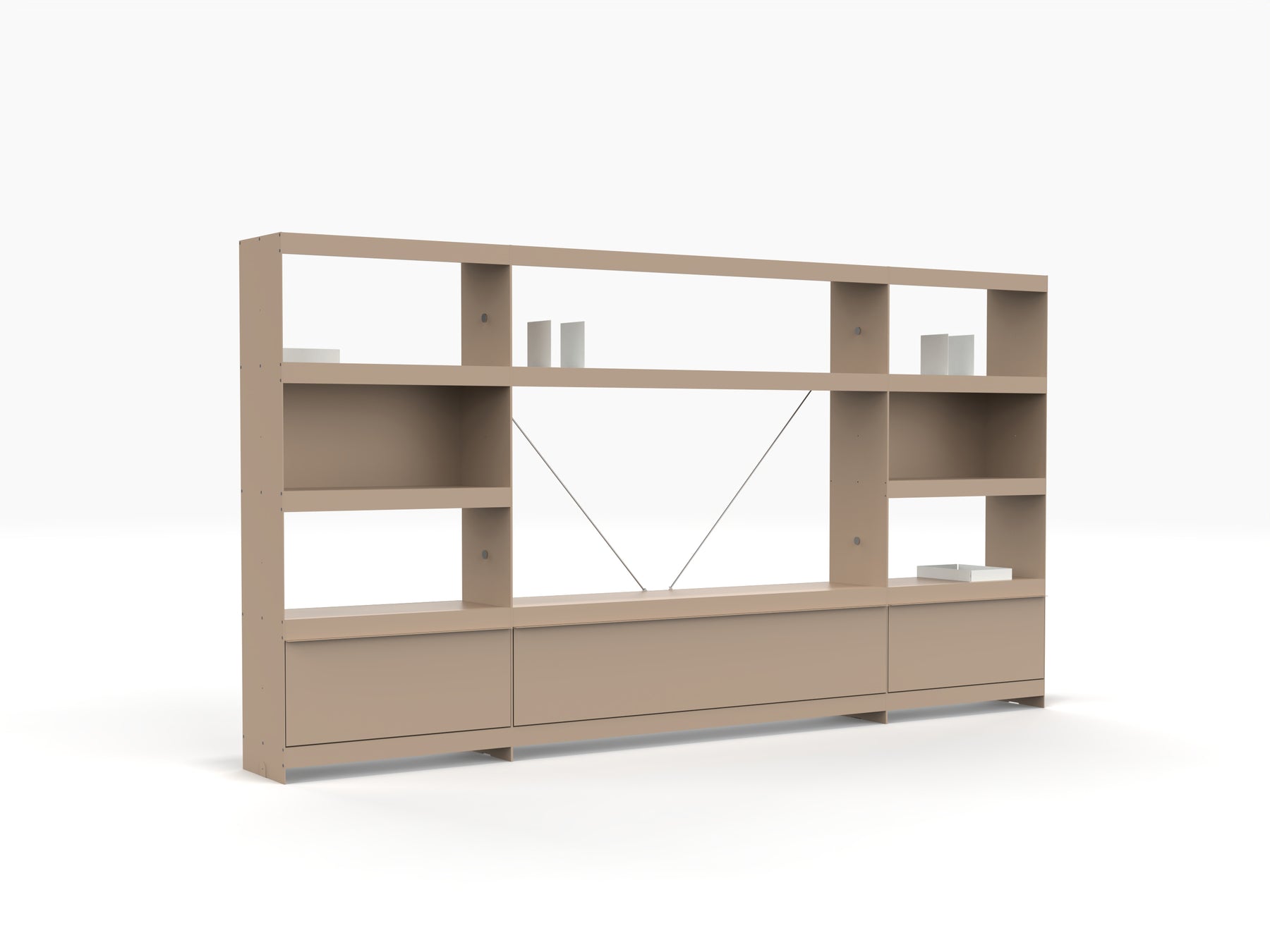 modern wall to wall shelving units with large TV media wall and doors 