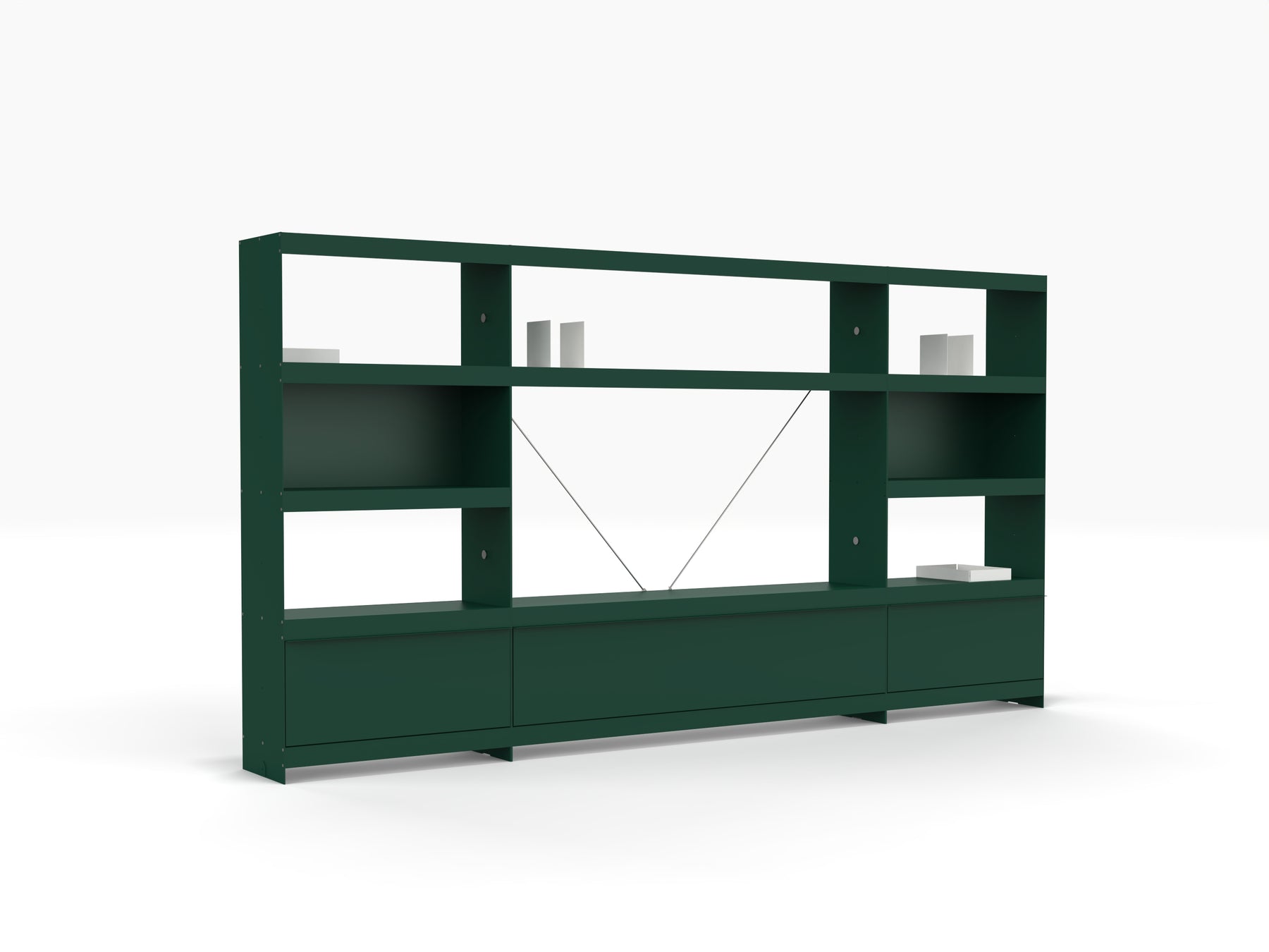 large tv and media wall storage with book shelves and doors in green