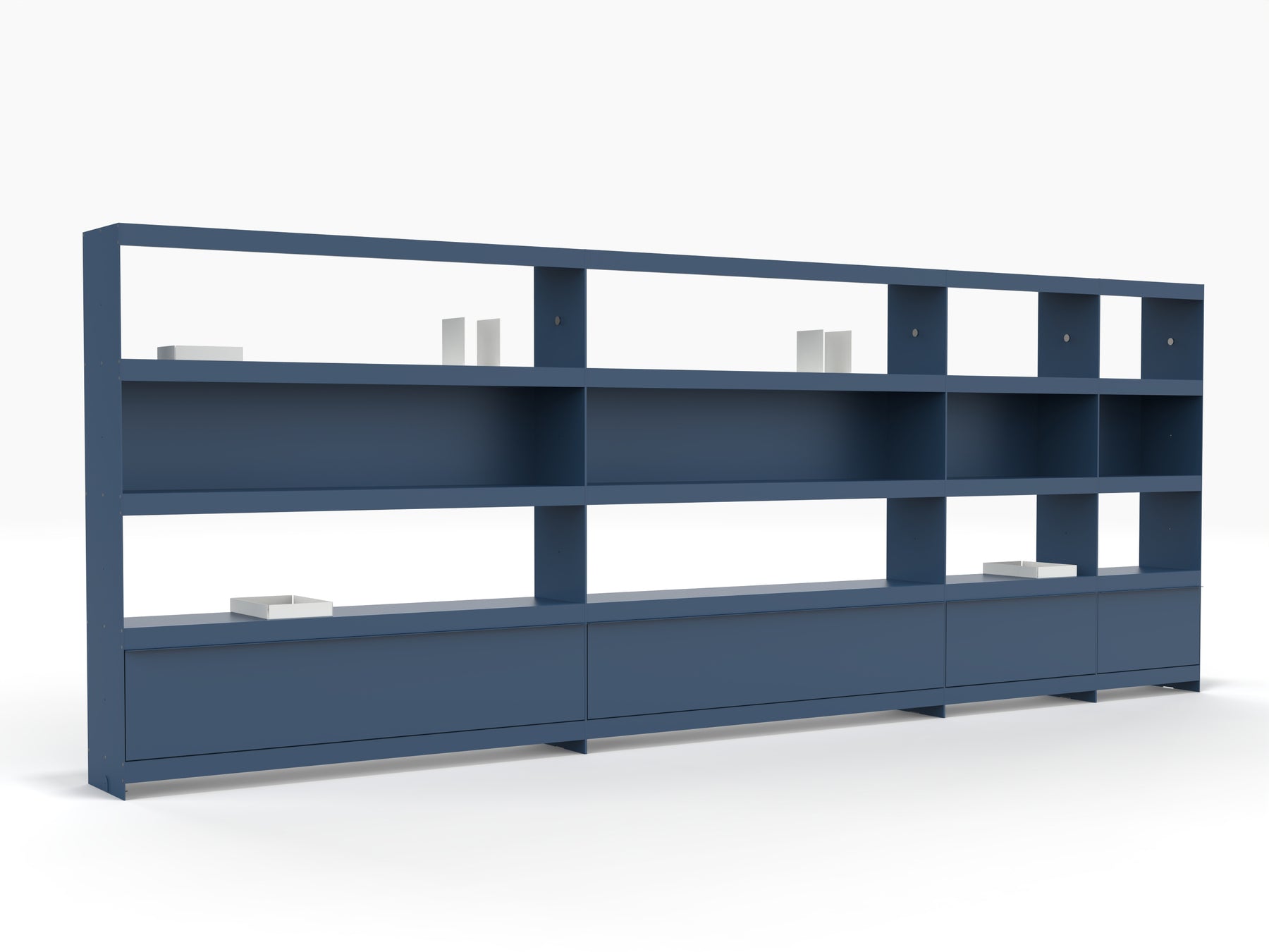 modular bookcase wall system with doors in blue