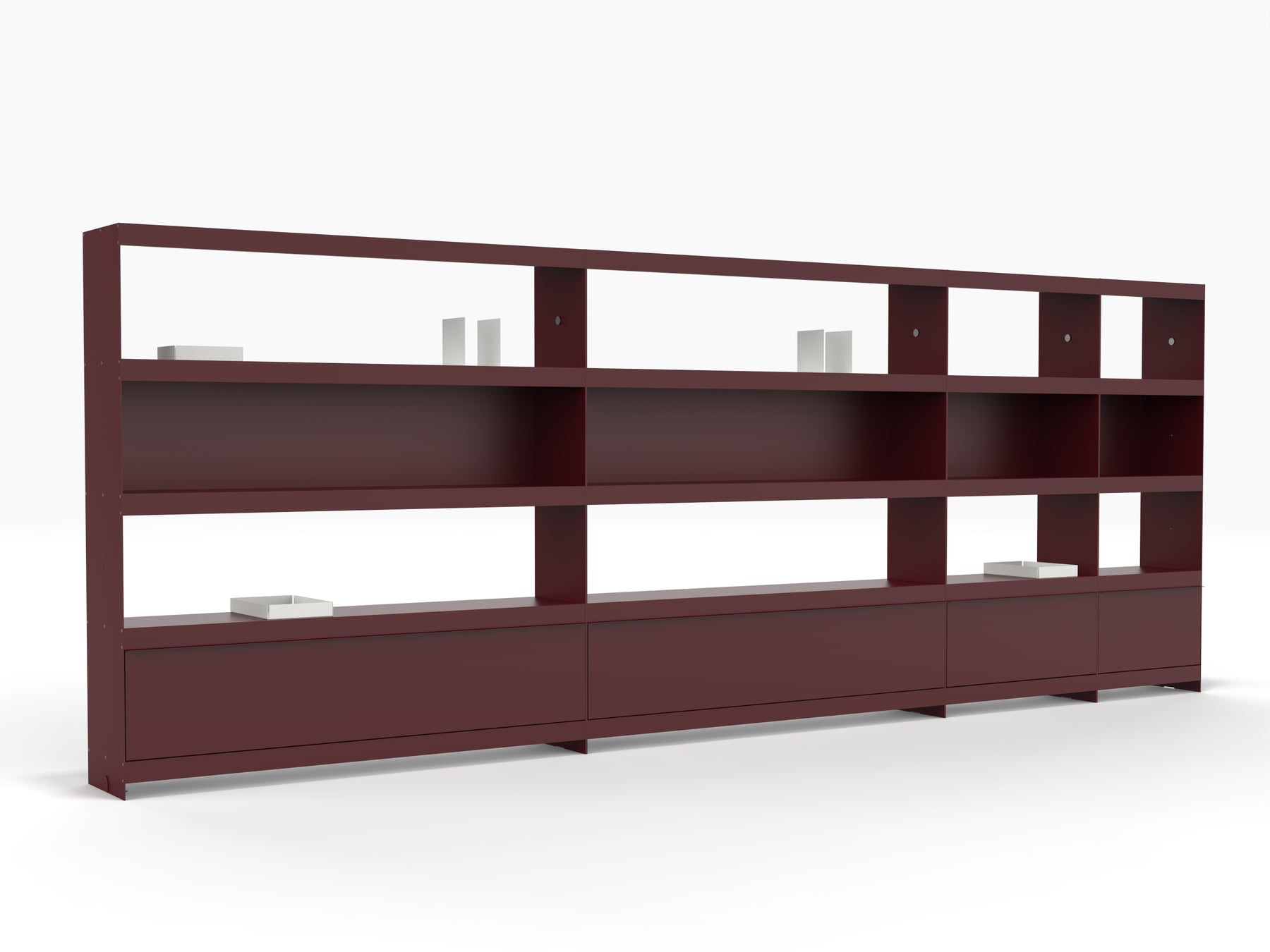 architectural home library and aluminium bookcase system in deep red