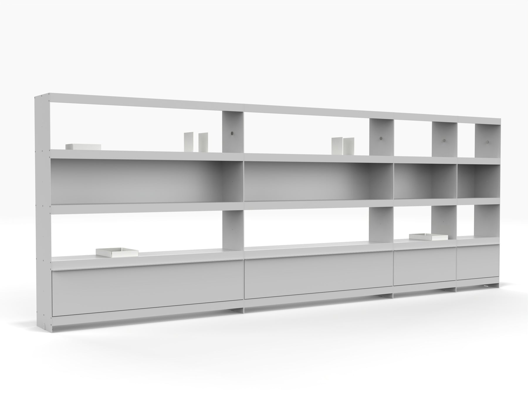 freestanding office library shelving system in grey with doors