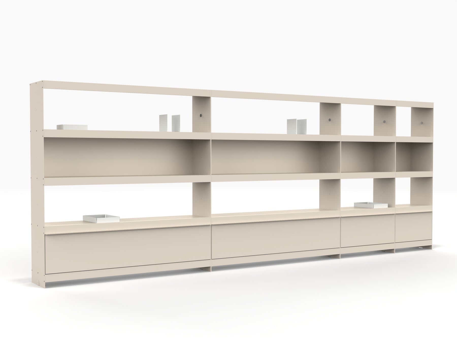 Modular bookcase wall system with doors in light ivory colour