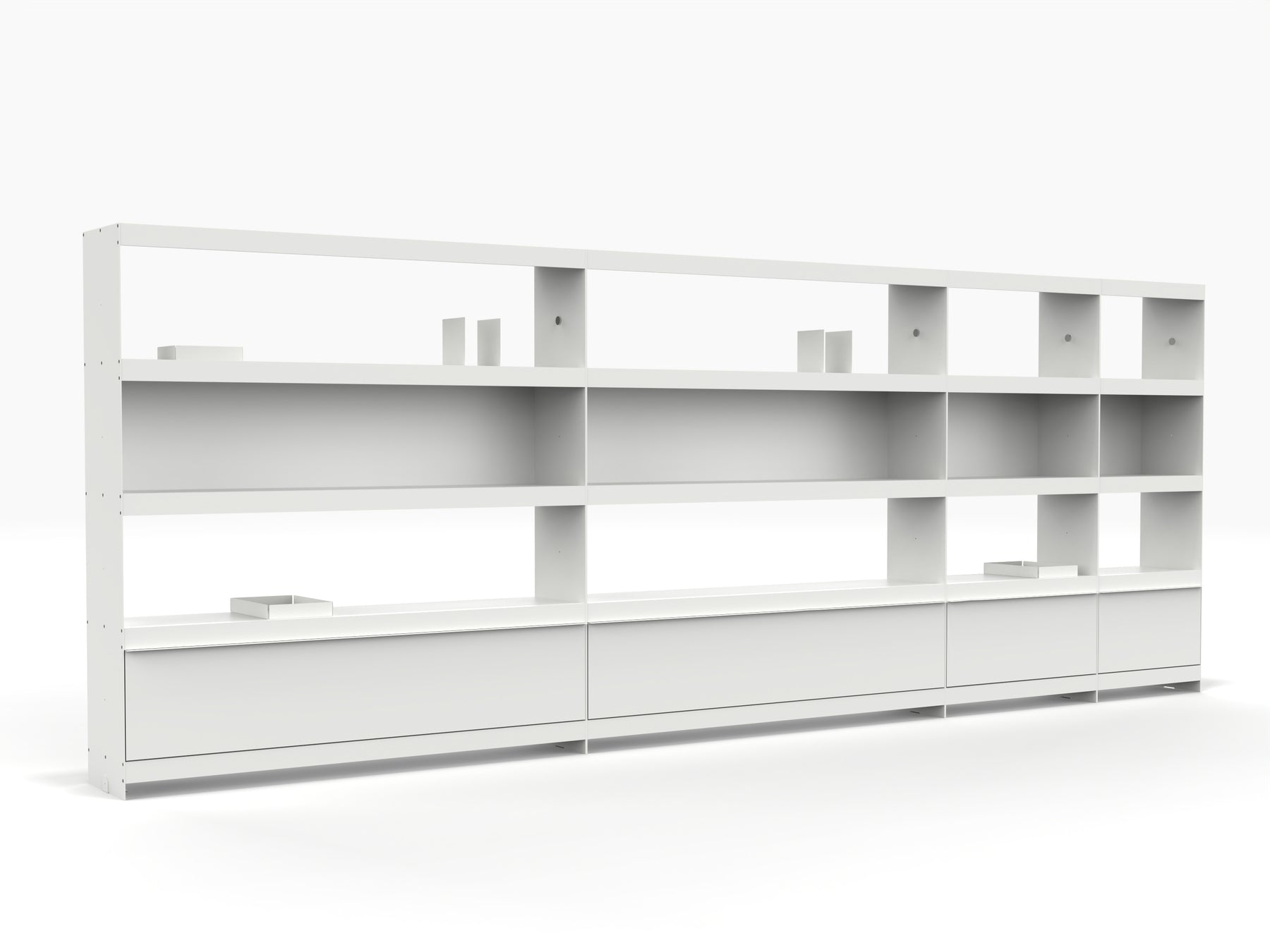 large architectural wall bookcase system in white 