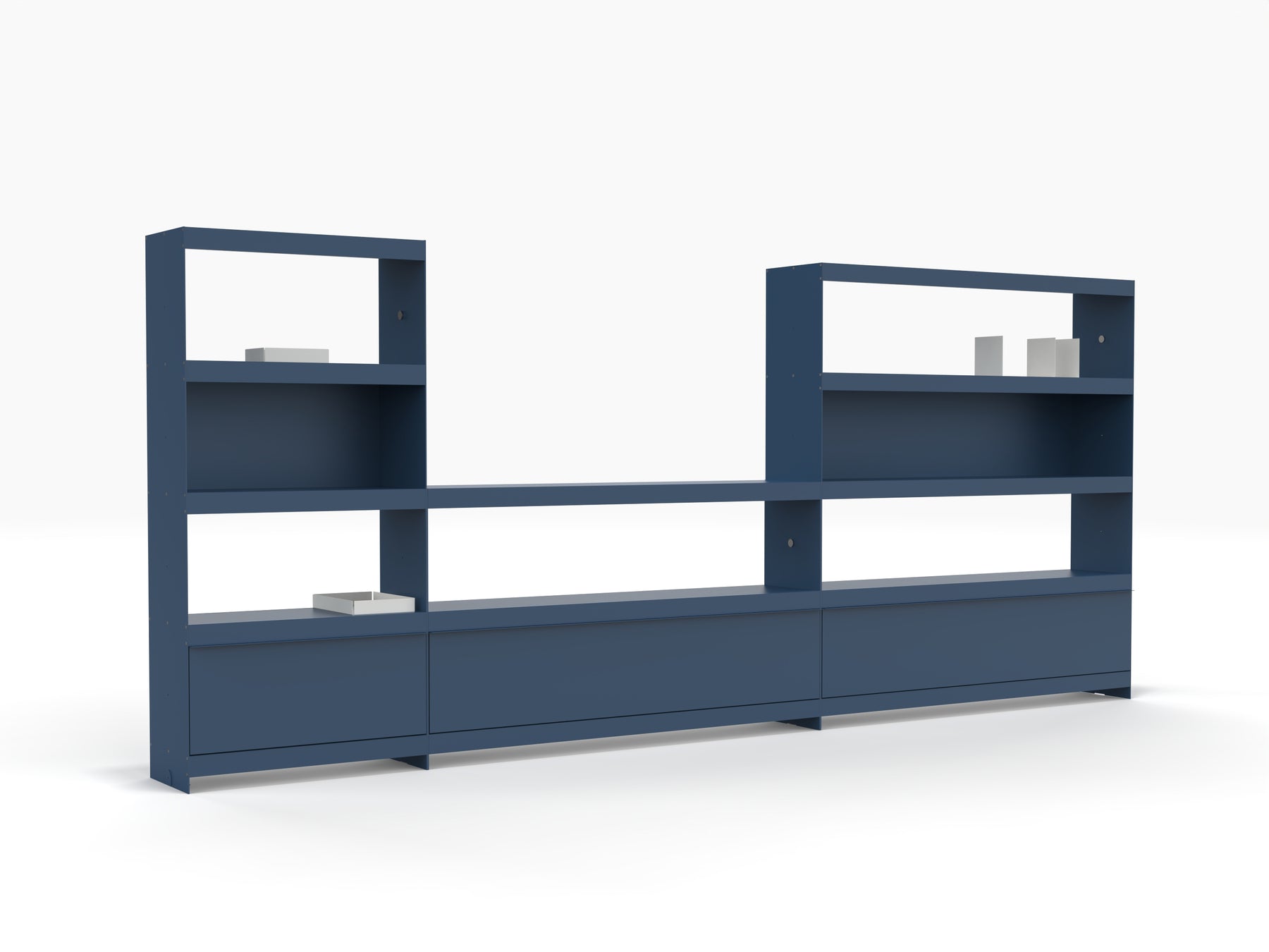 large office wall shelving system in blue