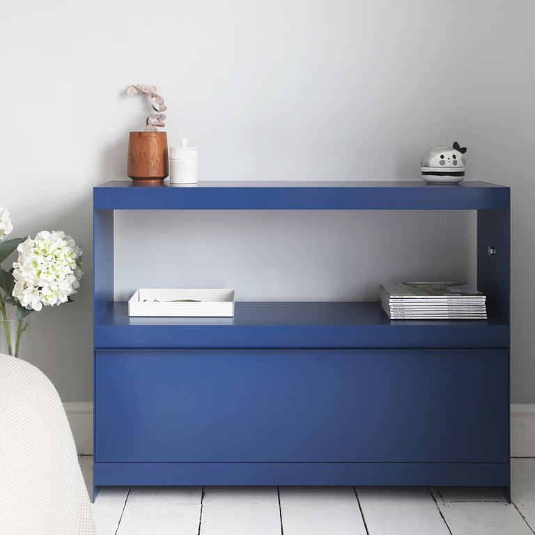 join m3 modular shelving system in blue with cabinet door